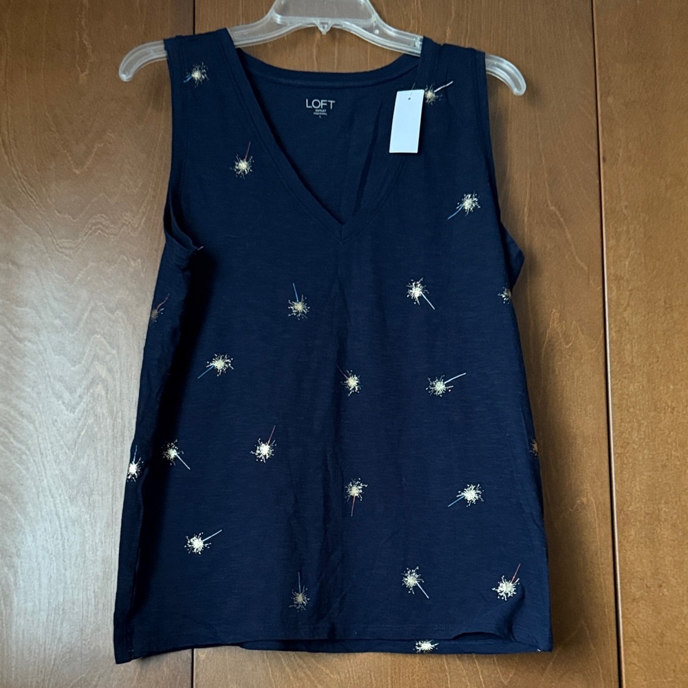 Loft Red, White & Blue Sparklers Top with Gold Foil  Navy Background NWT Sz Lg